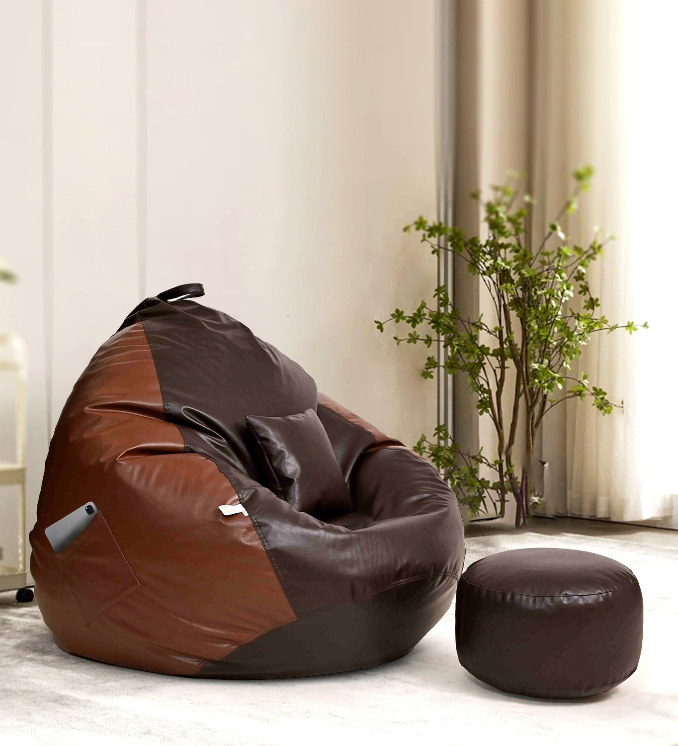 Image of Mintwud from Pepperfry 4XL Squivo Leatherette Bean Bag Filled with Bean With Footrest In Brown & Tan Color Bean Bag Sofa With Bean Filling