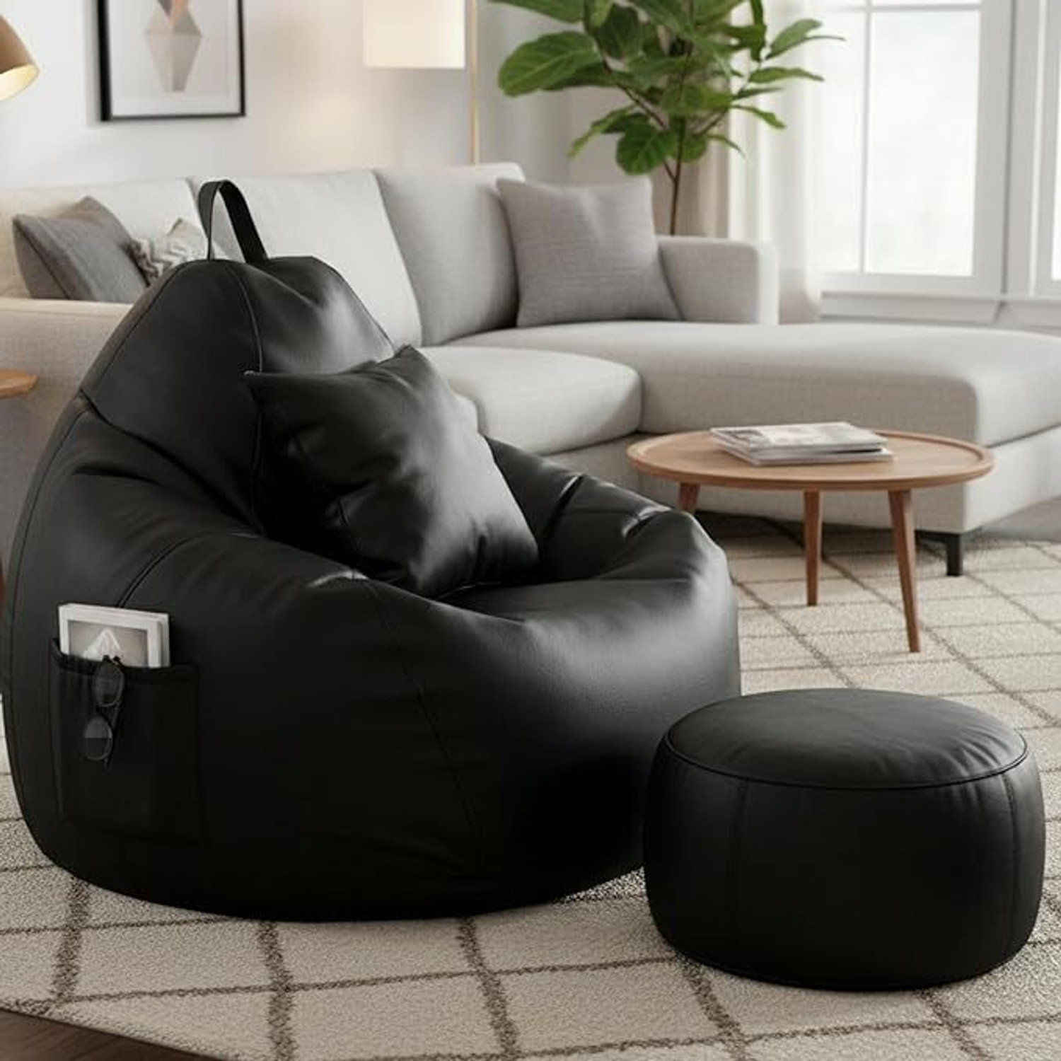 Image of Flipkart Perfect Homes Studio 4XL Faux Leather Leatherette Bean Bag with Footrest and Cushion Filled with Beans Bean Bag Chair With Bean Filling