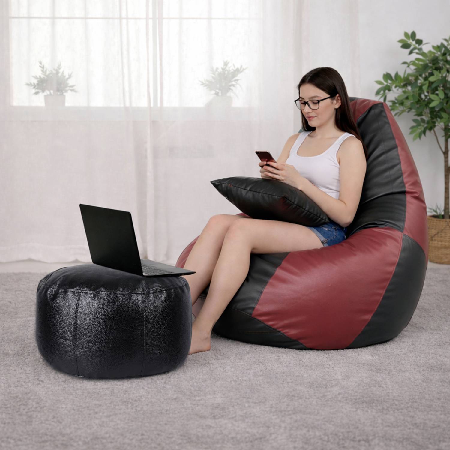 Beanskart XXXL Bean Bag with Footstool & Cushion | Faux Leather Teardrop Bean Bag Teardrop Bean Bag With Bean Filling