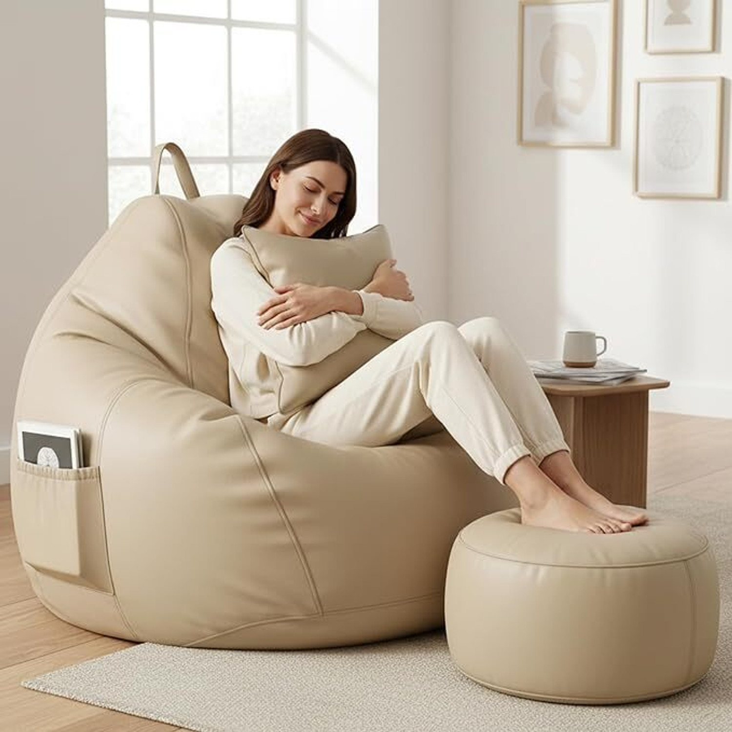 Image of Flipkart Perfect Homes Studio 4XL Faux Leather Leatherette Bean Bag with Footrest and Cushion Filled with Beans Bean Bag Chair With Bean Filling (Beige)