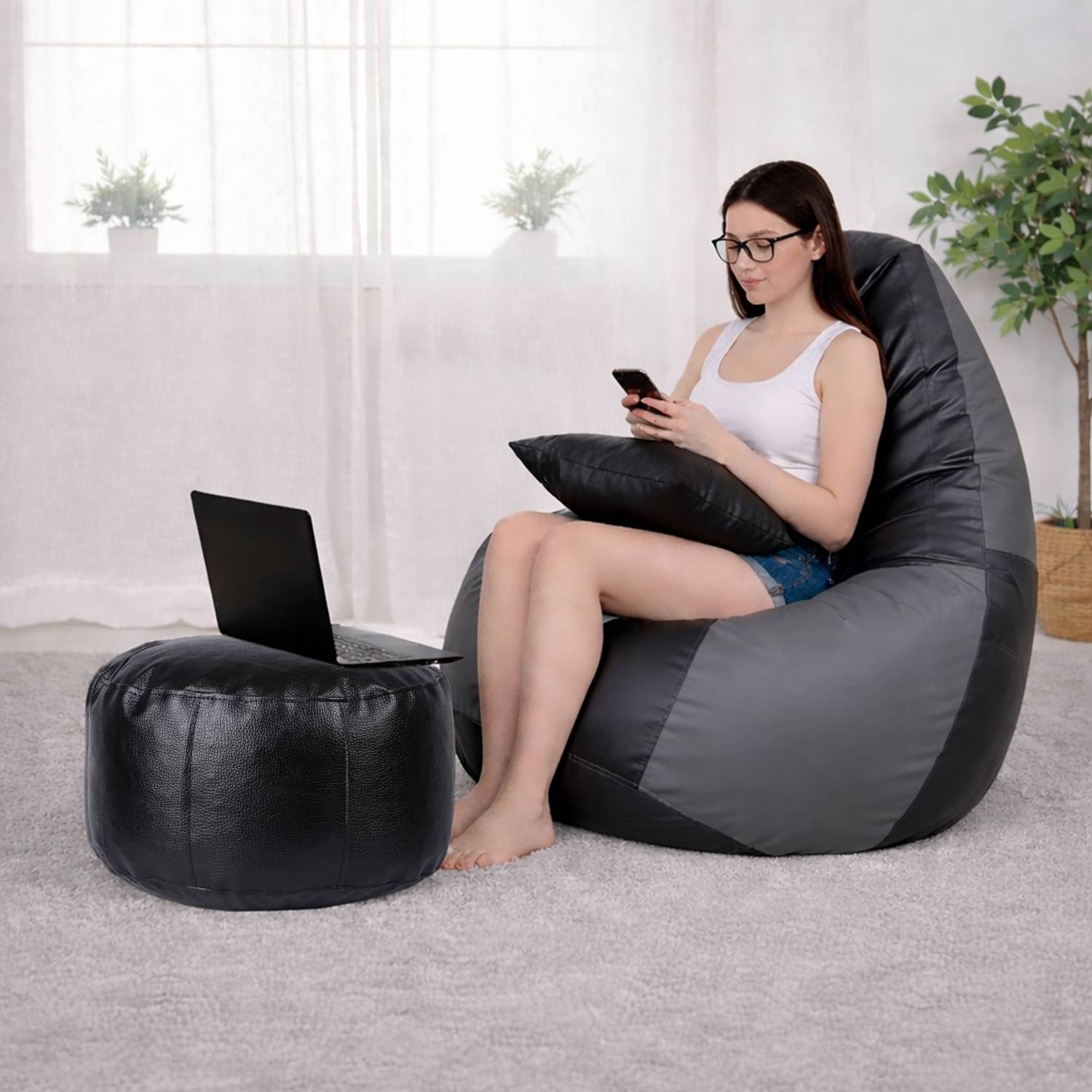 Beanskart XXXL Bean Bag with Footstool & Cushion | Faux Leather Teardrop Bean Bag Teardrop Bean Bag With Bean Filling