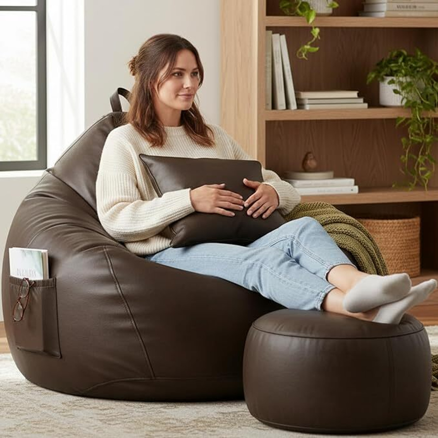 Image of Flipkart Perfect Homes Studio Jumbo Faux Leather Leatherette Bean Bag with Footrest and Cushion Filled with Beans Bean Bag Chair With Bean Filling
