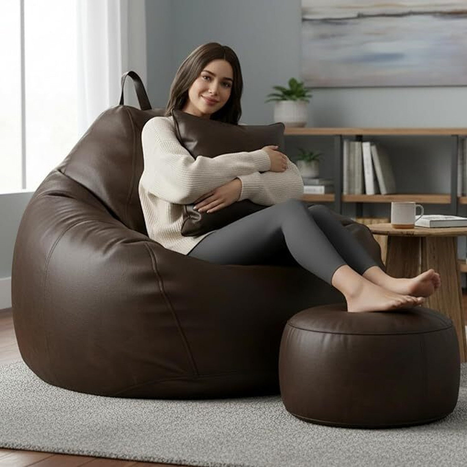 Image of Flipkart Perfect Homes Studio Jumbo Faux Leather Leatherette Bean Bag with Footrest and Cushion Filled with Beans Bean Bag Chair With Bean Filling