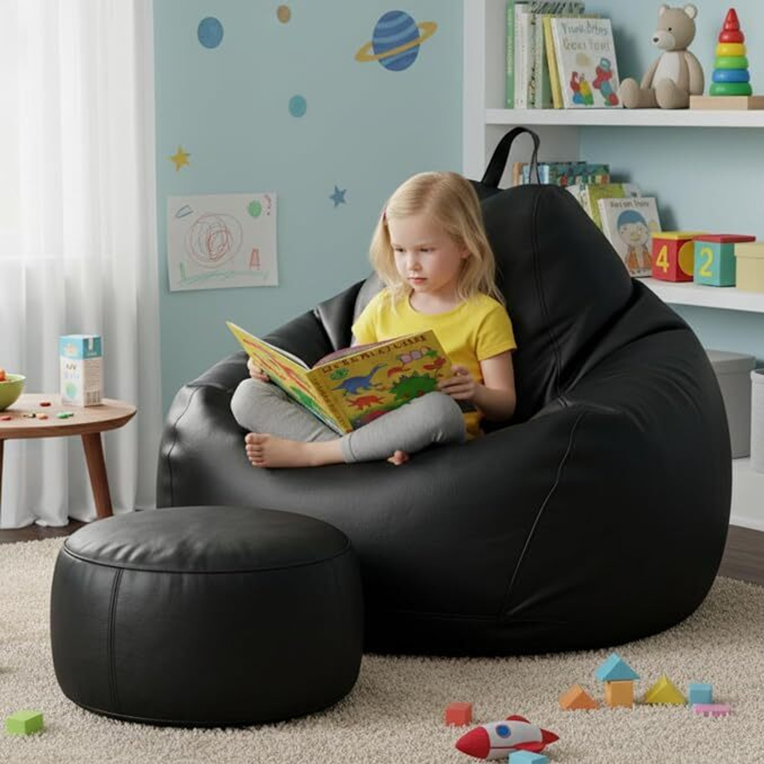 Image of Flipkart Perfect Homes Studio 4XL Faux Leather Leatherette Bean Bag with Footrest and Cushion Filled with Beans Bean Bag Chair With Bean Filling