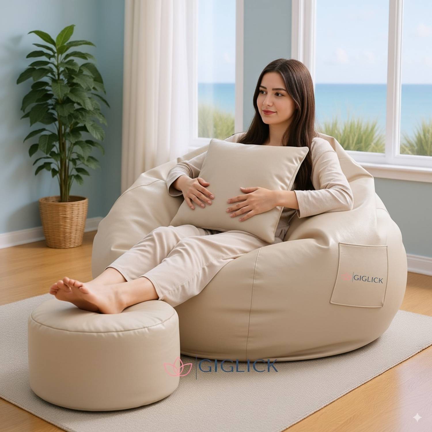 GIGLICK XXXL Faux Leather Leatherette Bean Bag with Footrest and Cushion Filled with Beans Bean Bag Chair  With Bean Filling
