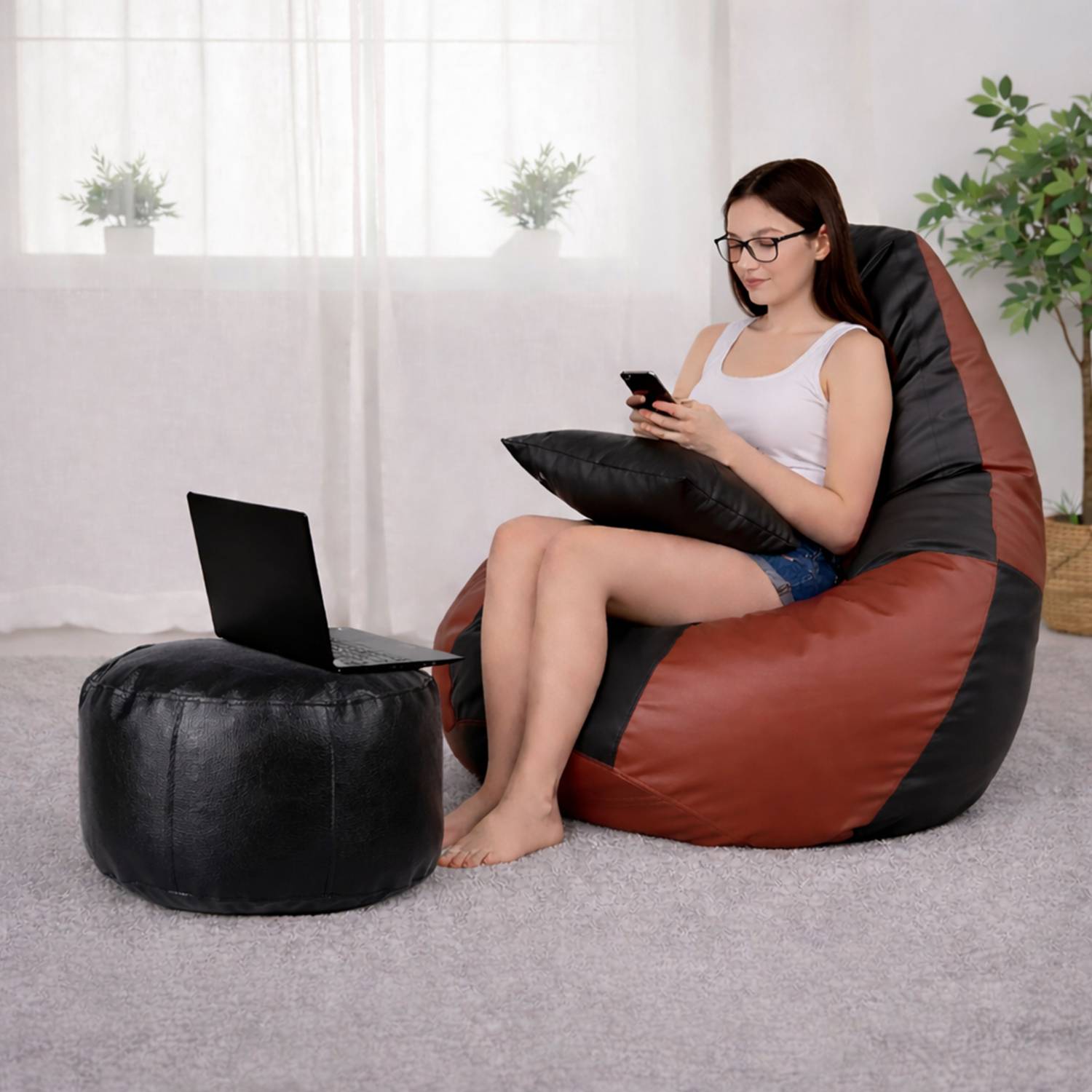 Beanskart XXXL Bean Bag with Footstool & Cushion | Faux Leather Teardrop Bean Bag Teardrop Bean Bag With Bean Filling