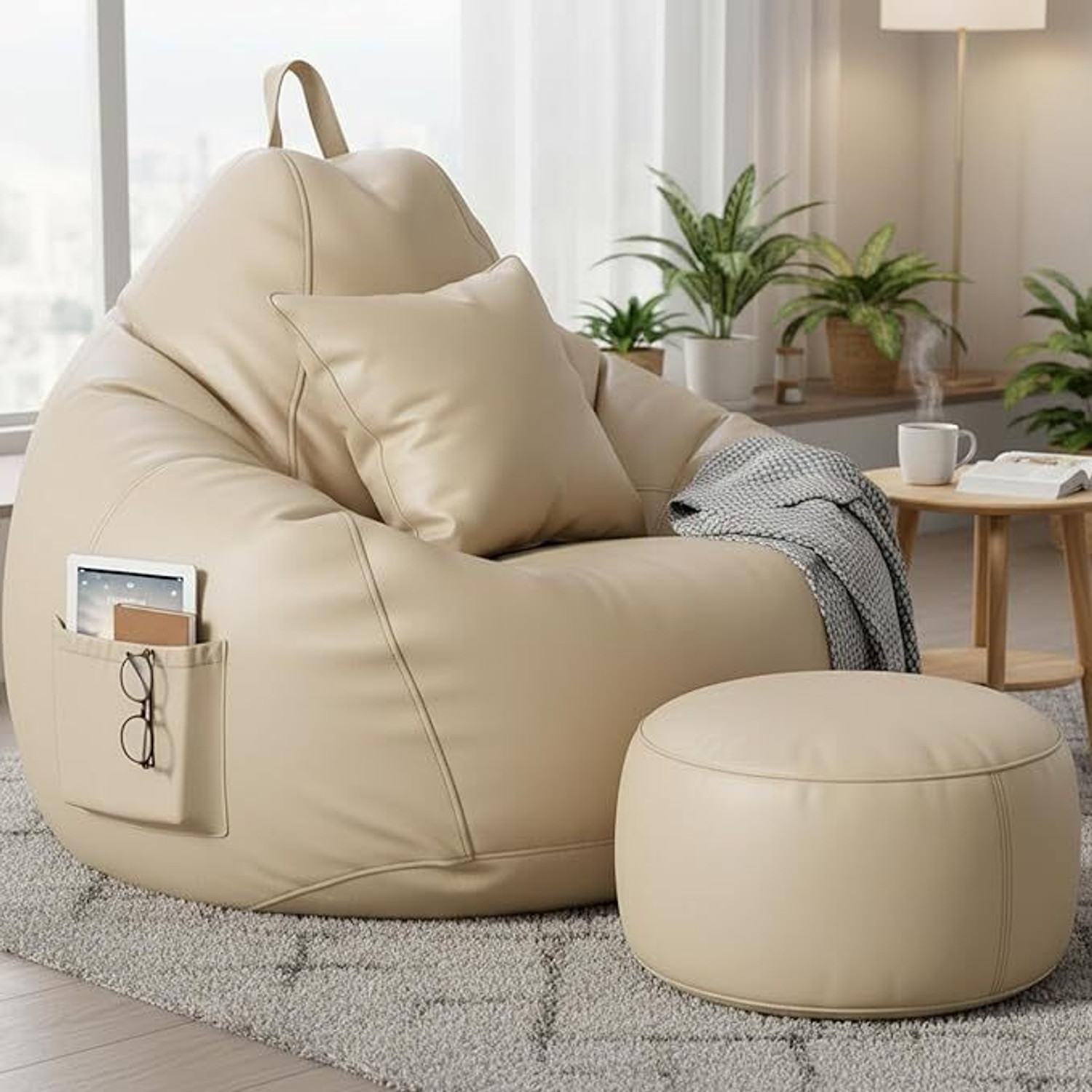 Image of Flipkart Perfect Homes Studio 4XL Faux Leather Leatherette Bean Bag with Footrest and Cushion Filled with Beans Bean Bag Chair With Bean Filling (Beige)