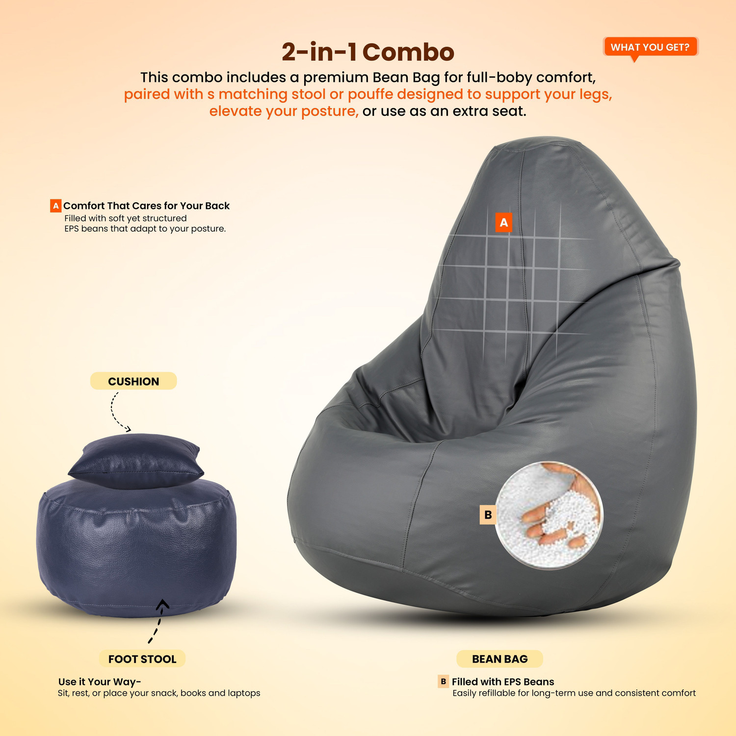 Image of Flipkart Perfect Homes Studio 4XL Bean Bag with Footstool & Cushion | Faux Leather Teardrop Bean Bag With Bean Filling