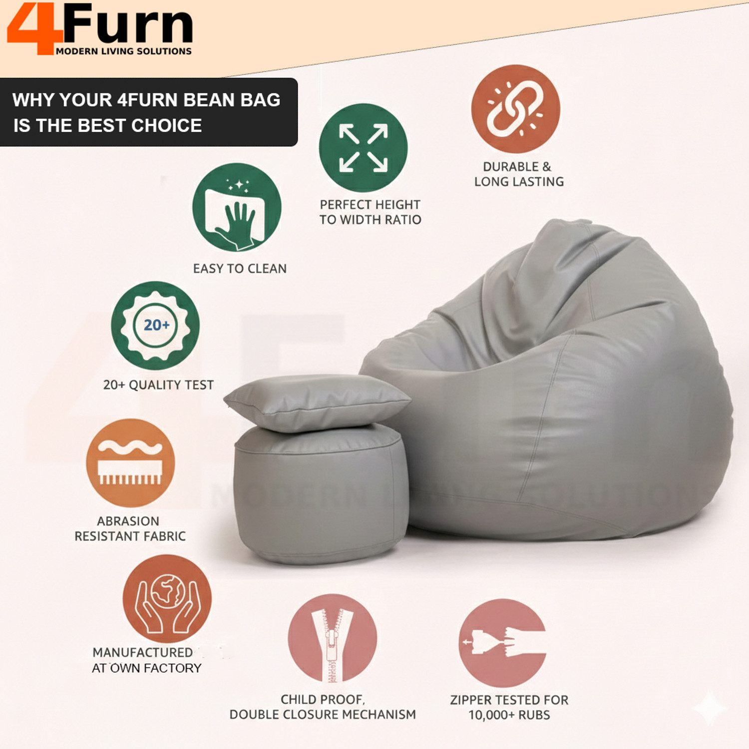 Image of 4FURN 4XL Bean Bag with Cushion & Footrest All with Beans Suitable For Adults Teardrop Bean Bag With Bean Filling