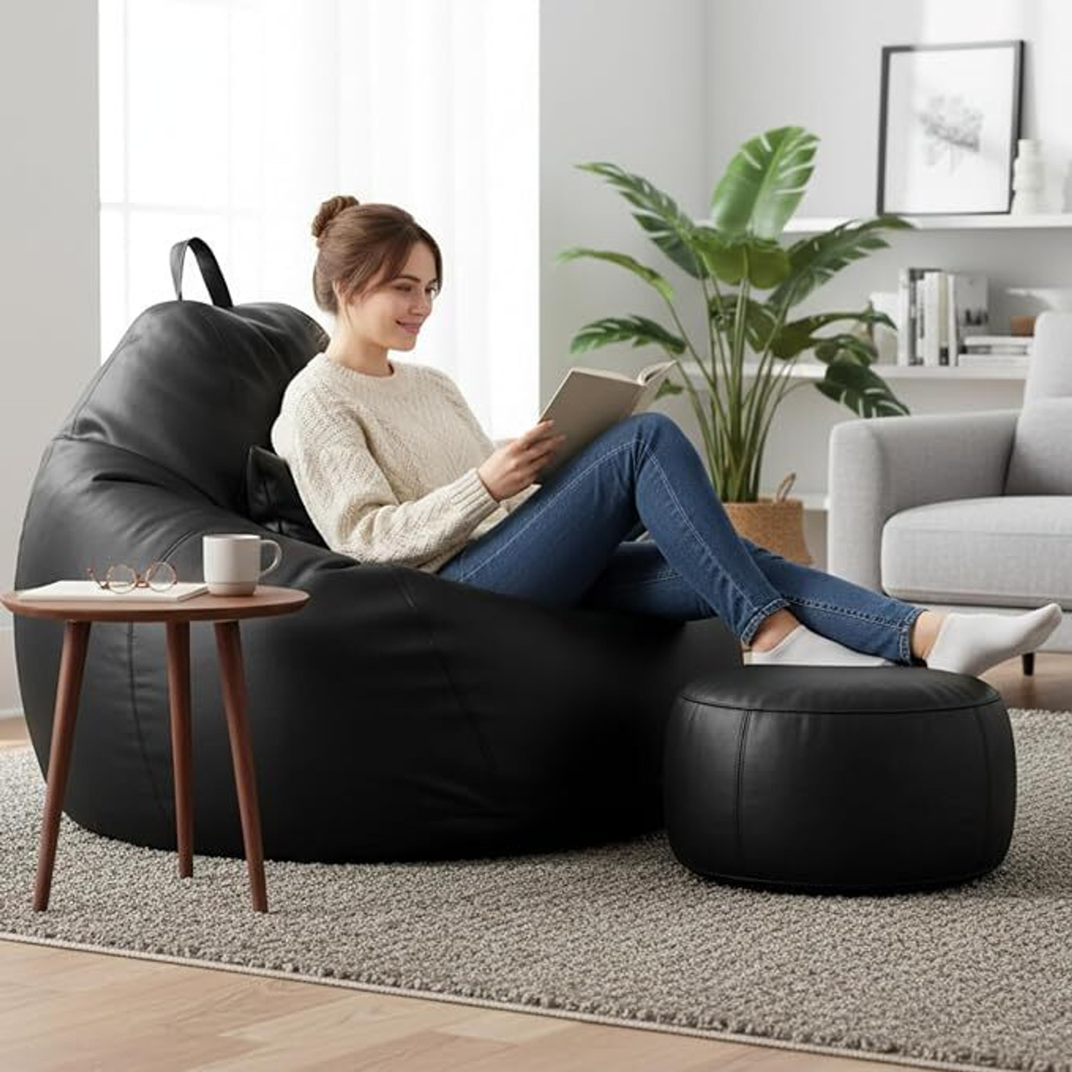 Image of Flipkart Perfect Homes Studio 4XL Faux Leather Leatherette Bean Bag with Footrest and Cushion Filled with Beans Bean Bag Chair With Bean Filling