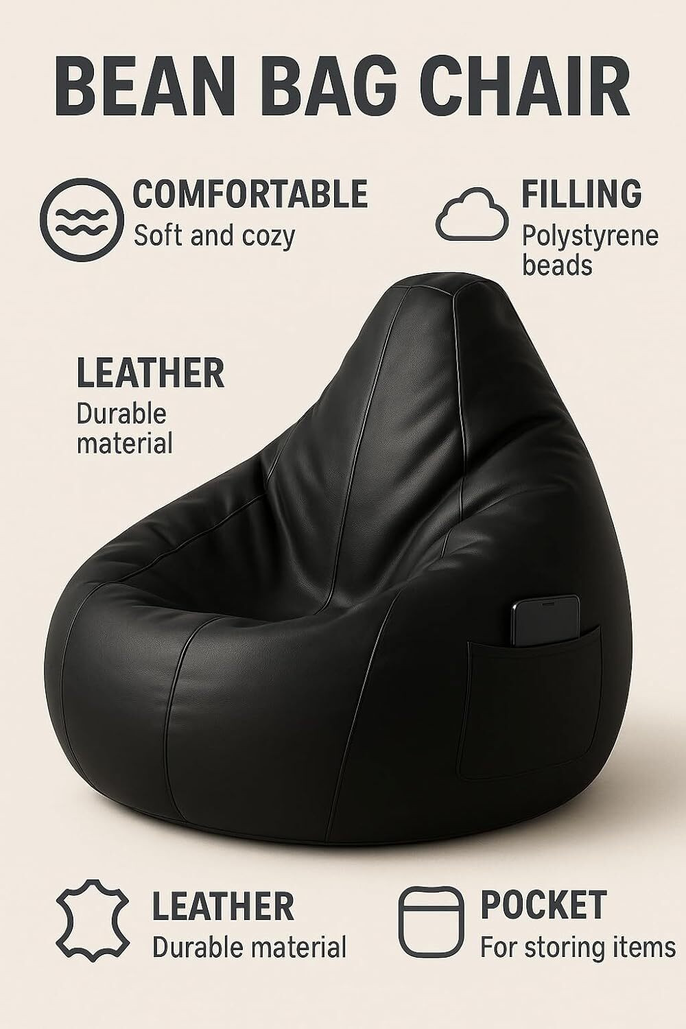 Image of SHOP 24 CARE XXL Bean Bag Chair | Ergonomic Gaming Seat, Premium Leatherette, Washable Cover Bean Bag Chair With Bean Filling