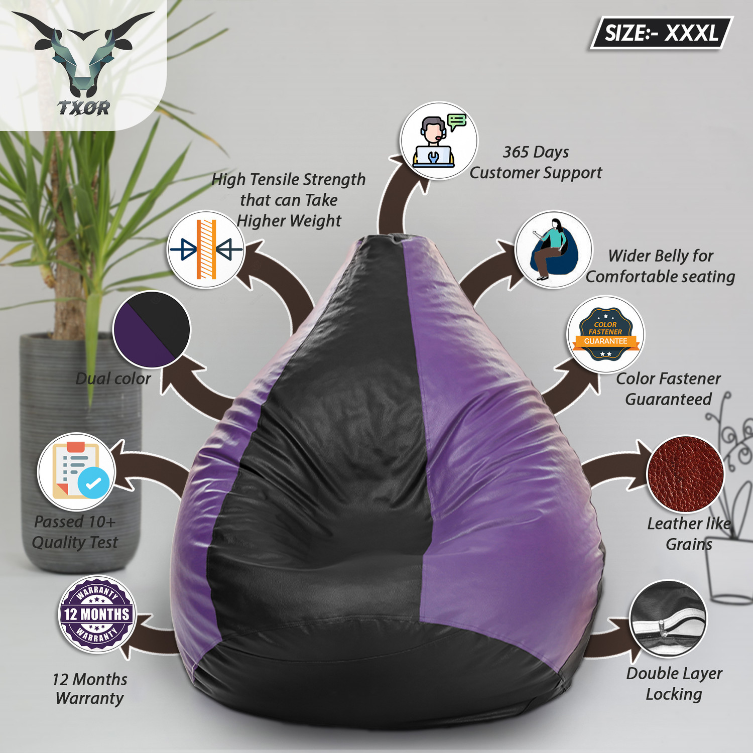 Image of TXOR 4XL Premium Leatherette Classic Teardrop Bean Bag With Bean Filling