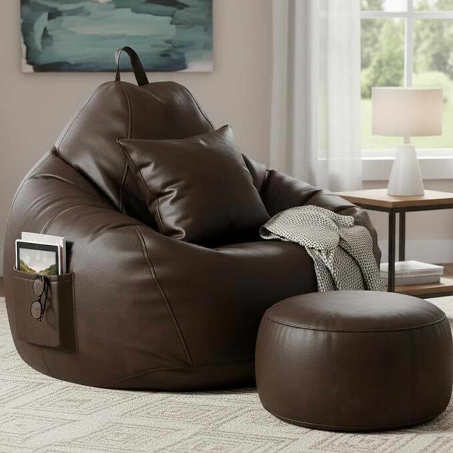 Image of Flipkart Perfect Homes Studio Jumbo Faux Leather Leatherette Bean Bag with Footrest and Cushion Filled with Beans Bean Bag Chair With Bean Filling