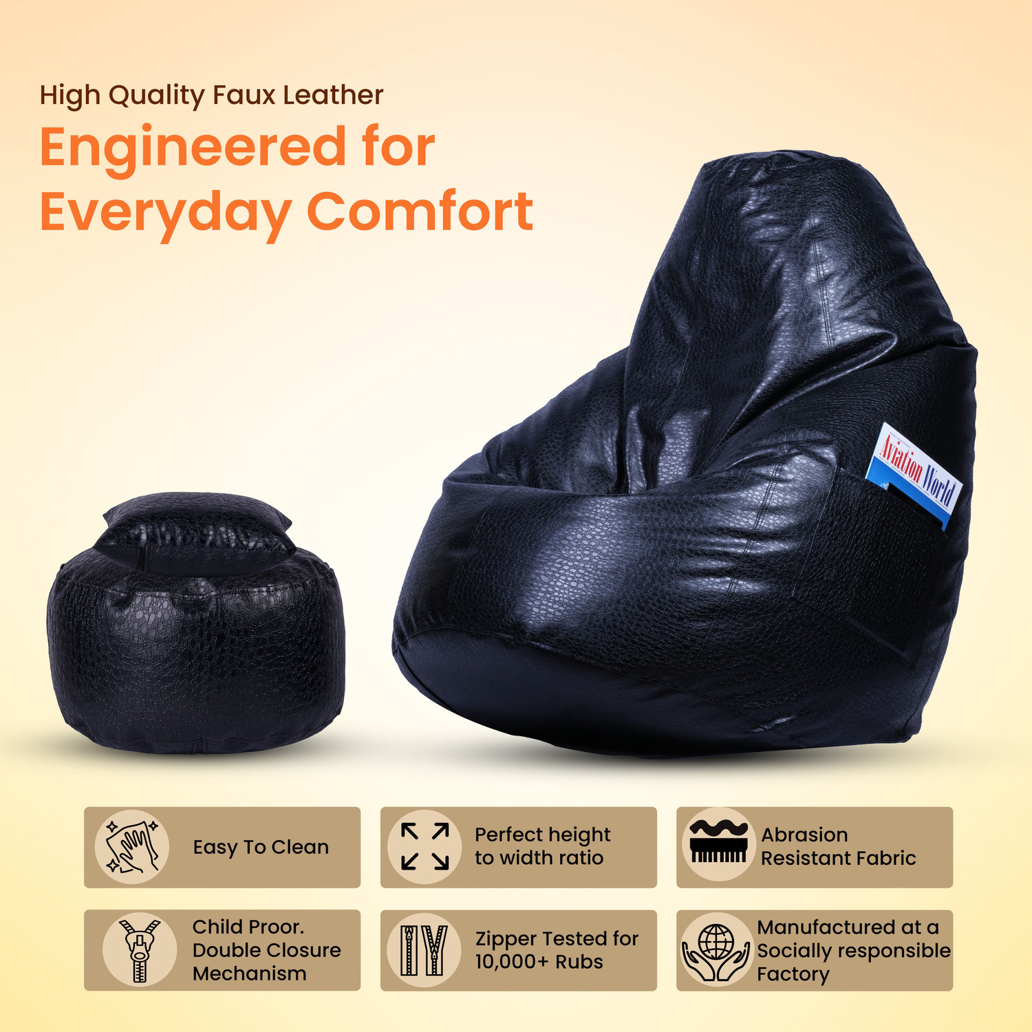 Image of Flipkart Perfect Homes Studio XXXL Bean Bag with Footstool, Cushion and Crocodile Texture Design | Faux Leather Teardrop Bean Bag