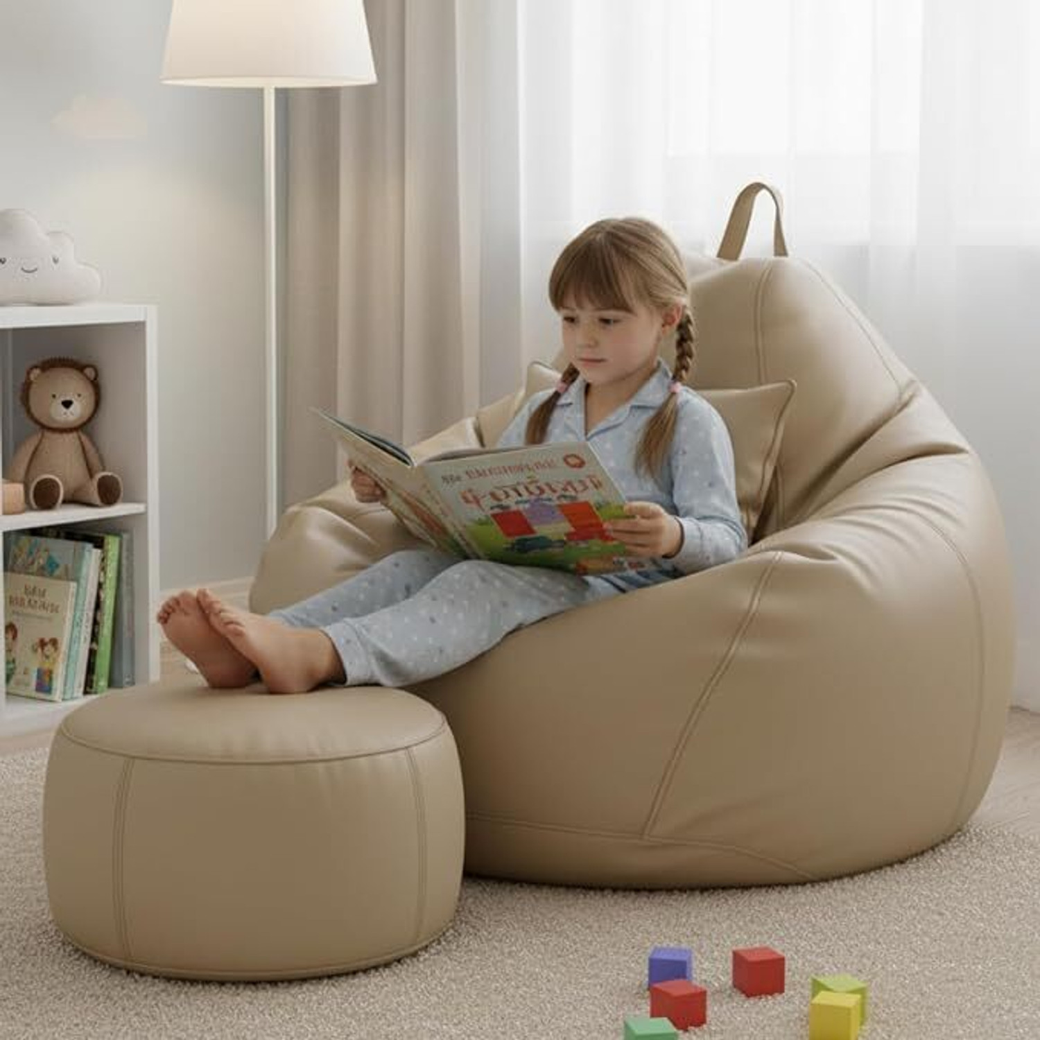 Image of Flipkart Perfect Homes Studio 4XL Faux Leather Leatherette Bean Bag with Footrest and Cushion Filled with Beans Bean Bag Chair With Bean Filling (Beige)