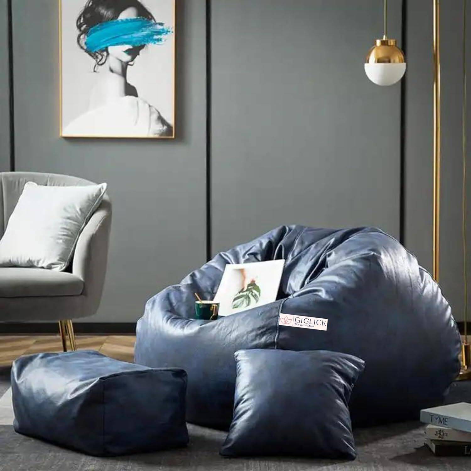 GIGLICK 5XL Premium Imported Soft Vegan Leather Bean Bag with Rectangular Footrest & Cushion Bean Bag Chair With Bean Filling