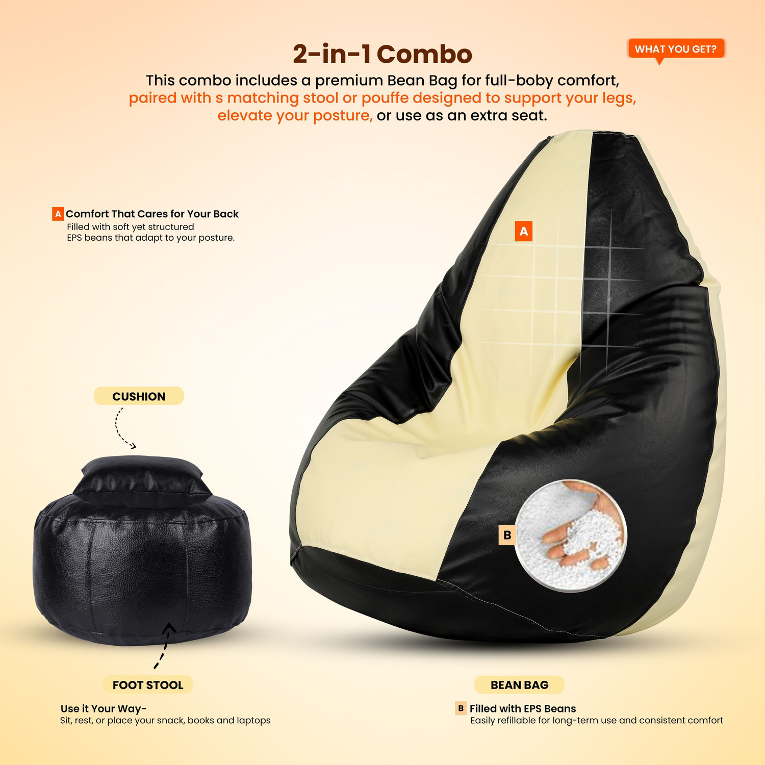 Image of Flipkart Perfect Homes Studio Jumbo Bean Bag with Footstool & Cushion | Faux Leather Teardrop Bean Bag With Bean Filling