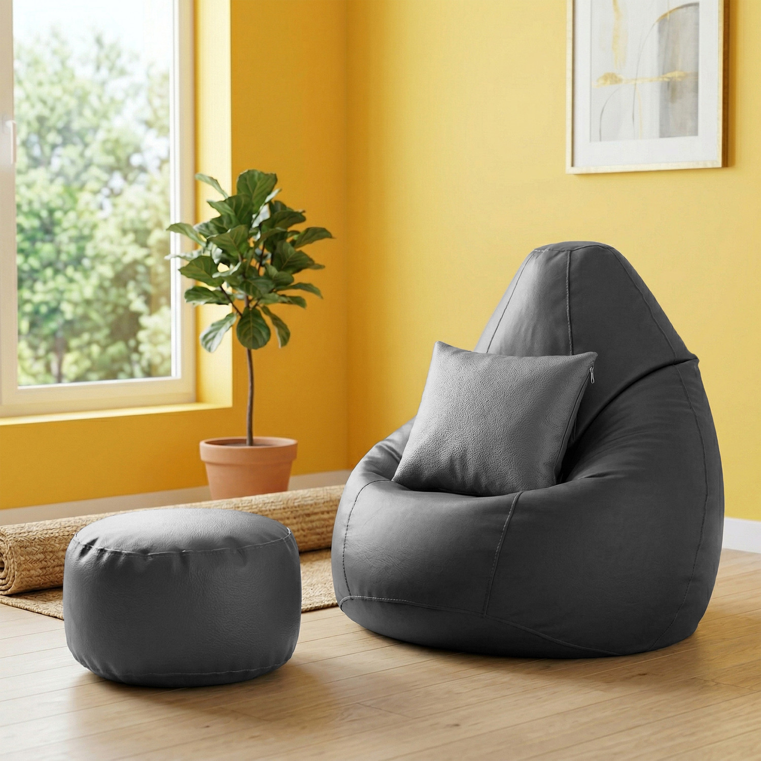 Image of Flipkart Perfect Homes Studio 4XL Bean Bag with Footstool & Cushion | Faux Leather Teardrop Bean Bag With Bean Filling