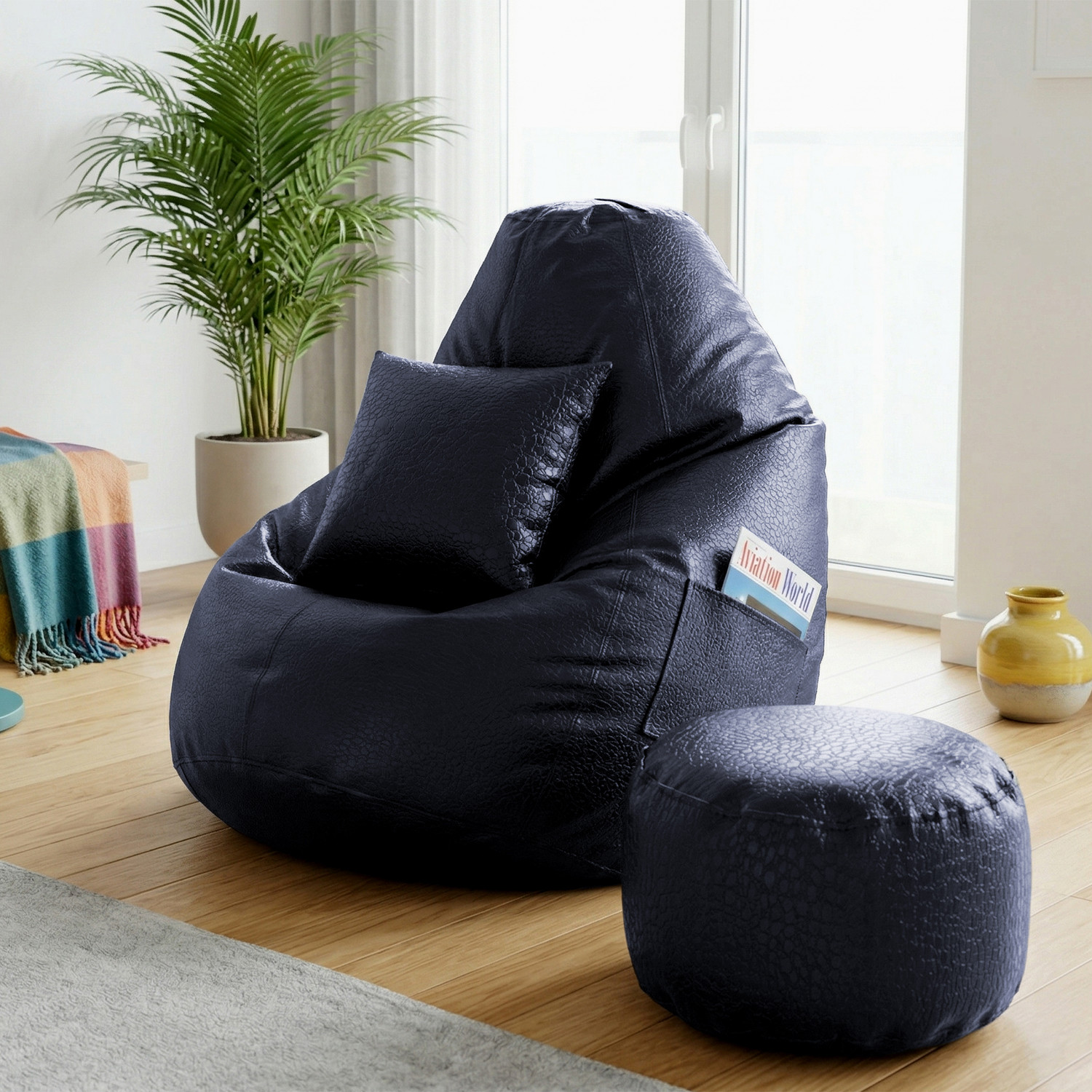 Image of Flipkart Perfect Homes Studio XXXL Bean Bag with Footstool, Cushion and Crocodile Texture Design | Faux Leather Teardrop Bean Bag