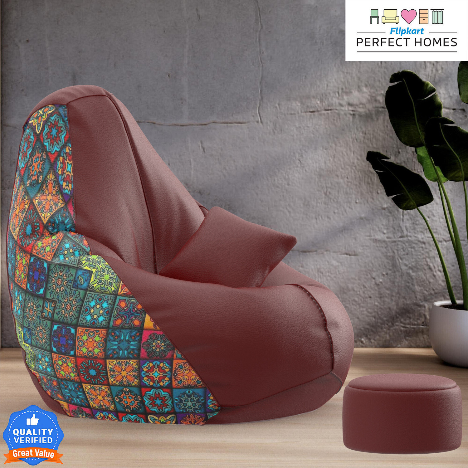 Image of Flipkart Perfect Homes 5XL PatternPuff Bag With Free Cushion and Puffy, Patterns 01 -Maroon Teardrop Bean Bag With Bean Filling (Multicolor)