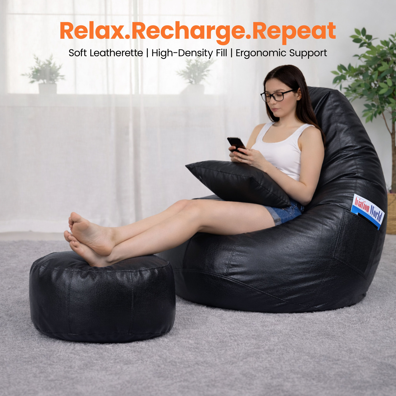 Image of Flipkart Perfect Homes Studio XXXL Bean Bag with Footstool, Cushion and Crocodile Texture Design | Faux Leather Teardrop Bean Bag