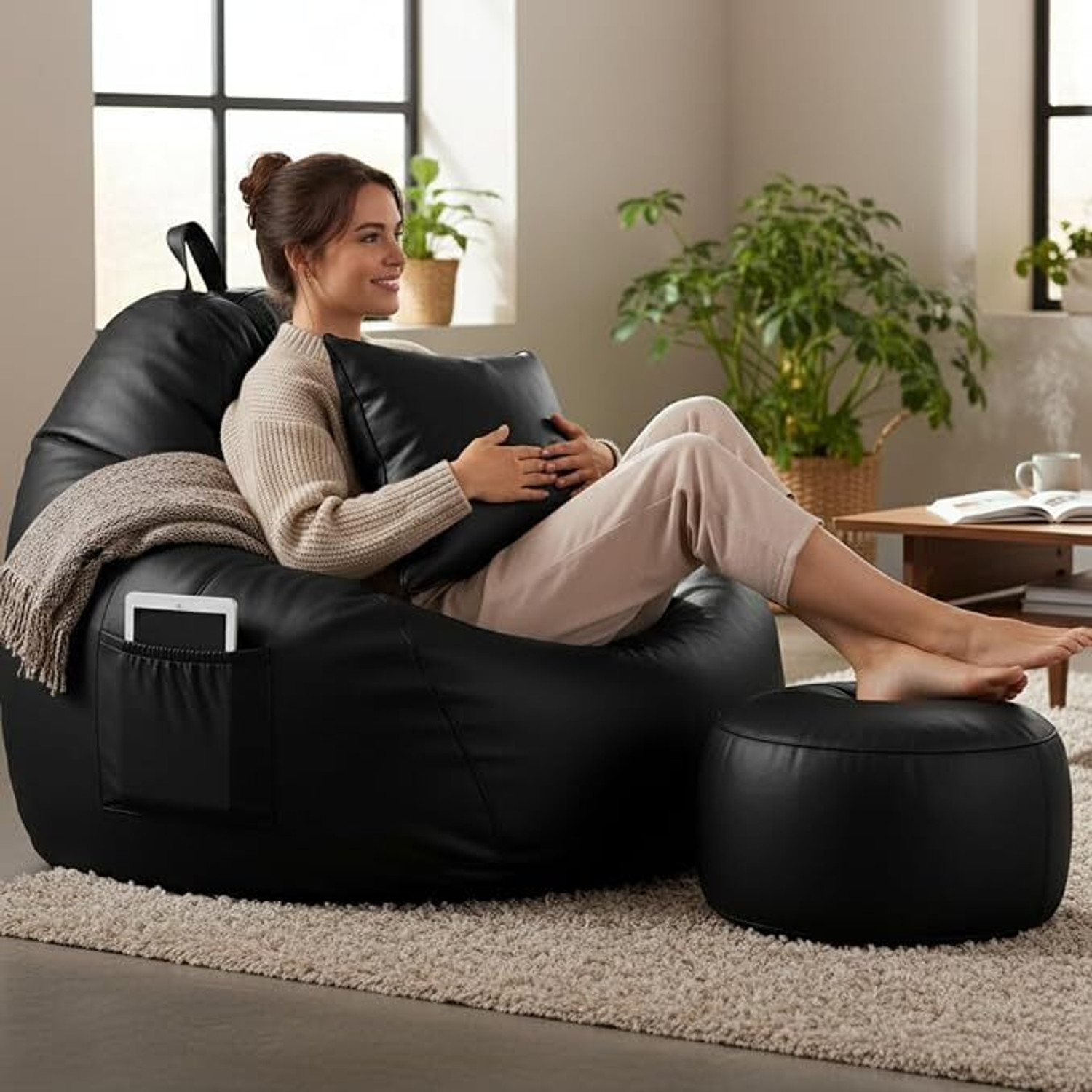 Image of Flipkart Perfect Homes Studio 4XL Faux Leather Leatherette Bean Bag with Footrest and Cushion Filled with Beans Bean Bag Chair With Bean Filling