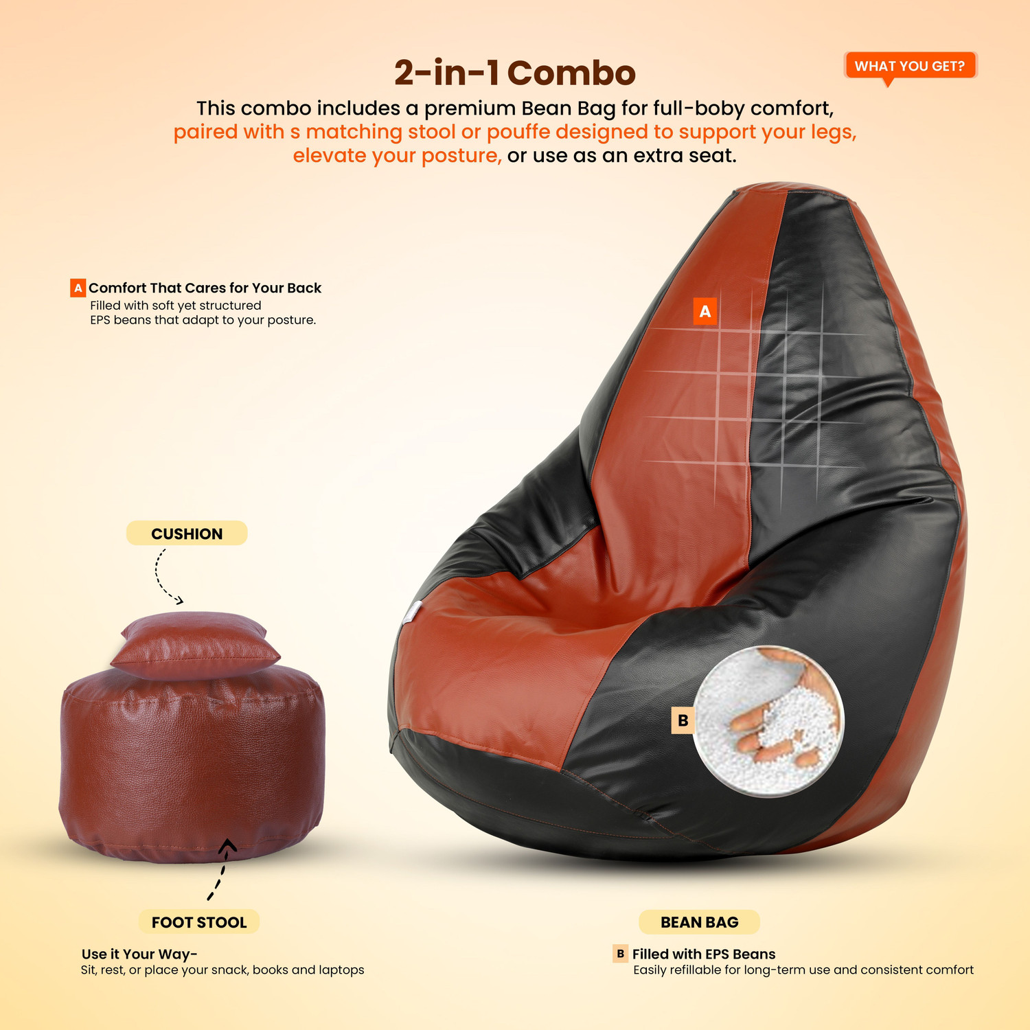 Image of Flipkart Perfect Homes Studio 4XL Bean Bag with Footstool & Cushion | Faux Leather Teardrop Bean Bag With Bean Filling