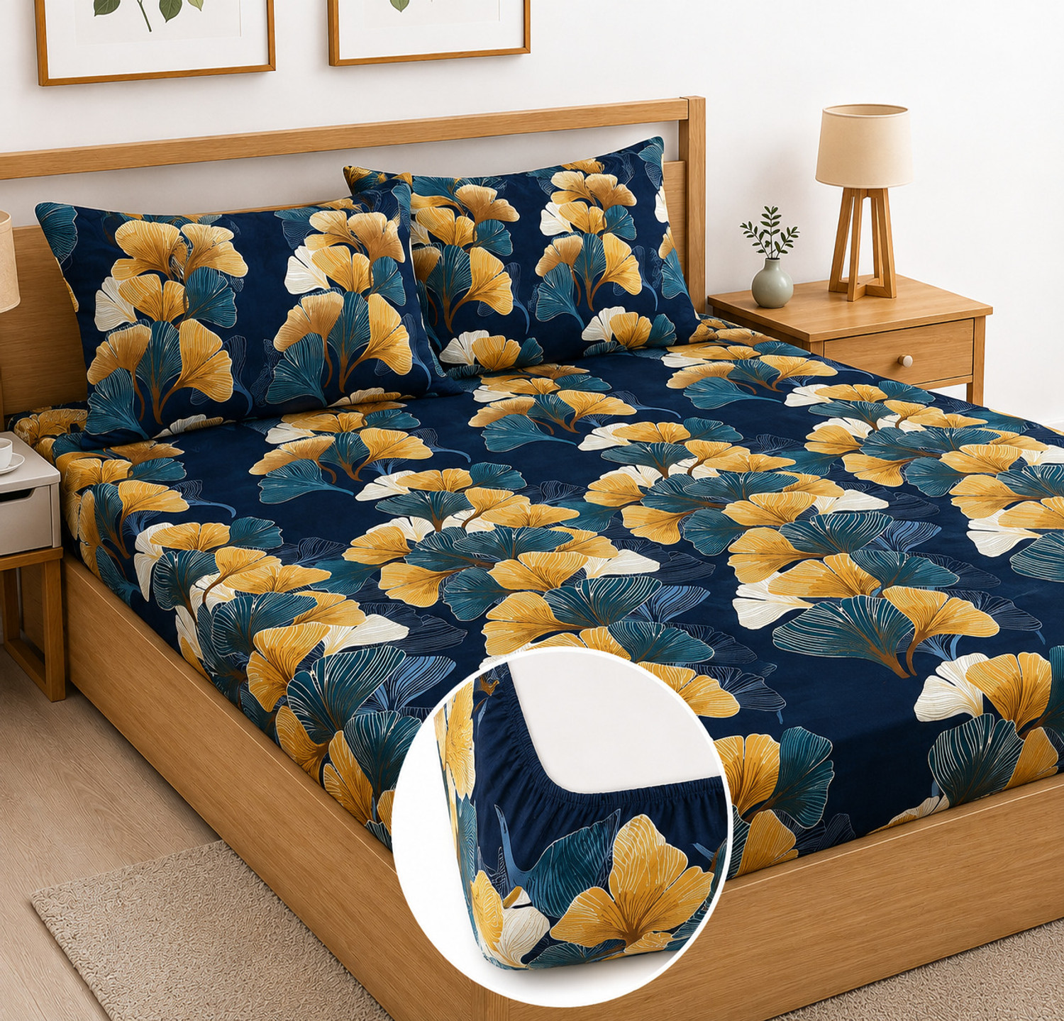 Image of AMEYAA Cotton Double, King Fitted (Elastic) 320 TC Printed 1 Bedsheet with 2 Pillow Covers