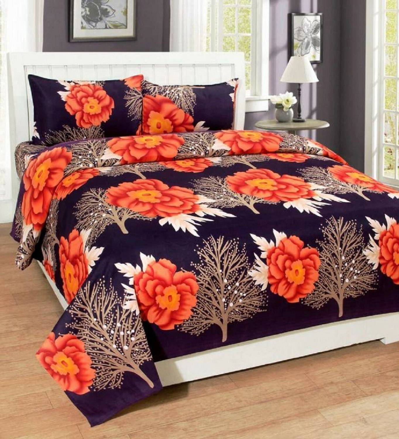 Shree Ganesh Handloom Cotton Queen Flat 140 TC 3D Printed 1 Bedsheet with 2 Pillow Covers