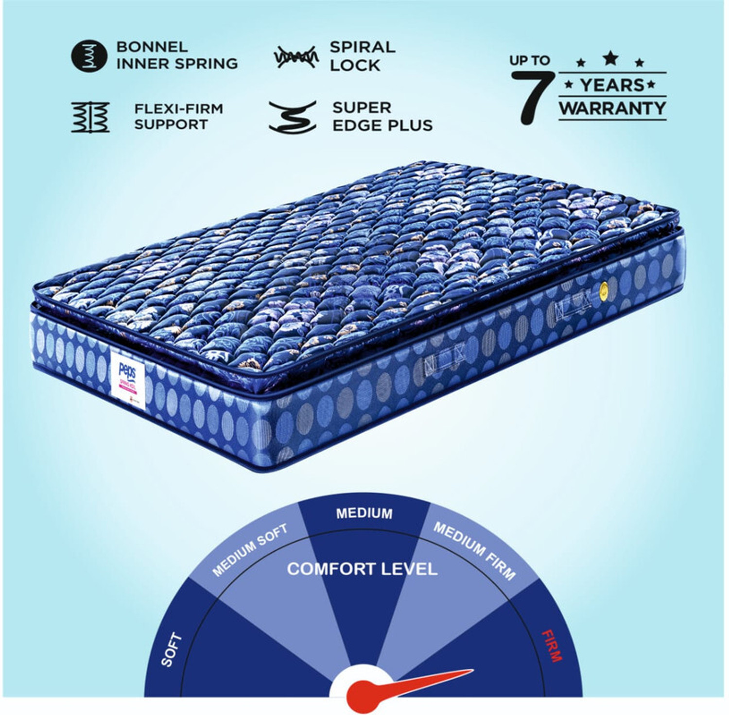 Image of PEPS Springkoil Durable PU Foam Quilt, Medium Firm Back Support, Dark Blue 10 inch Single Bonnell Spring Mattress