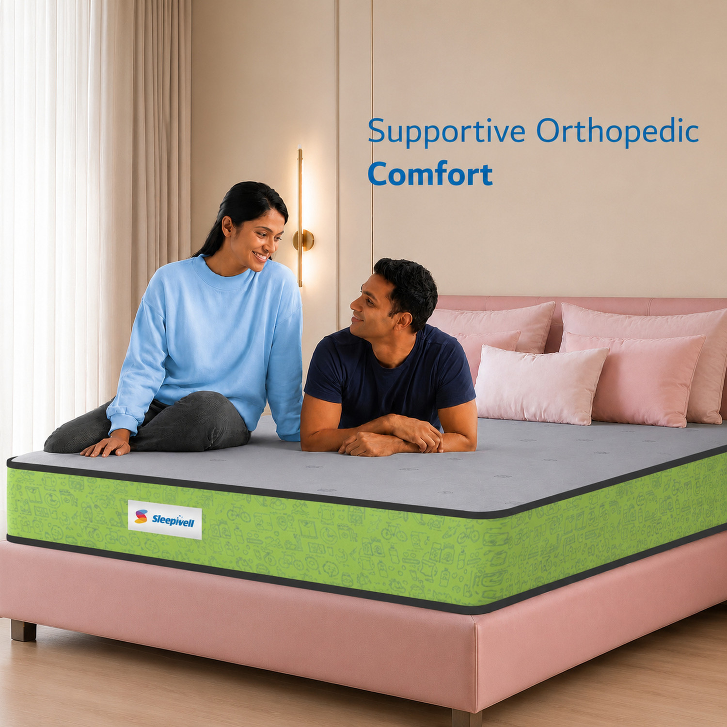 Image of Sleepwell Ortho Nirvana, Medium Firm, Orthopedic Support, Anti-Microbial, 5 Yr Warranty, 4 inch King High Resilience (HR) Foam Mattress