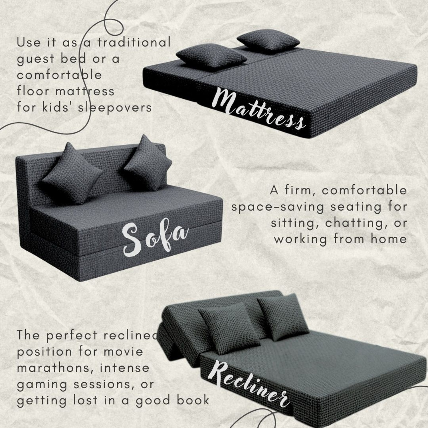 Image of Aeronix Premium Sofa-Mattress 3-in-1 Foldable Bed High-Density Foam Washable Cover 7 inch Double EPE Foam Mattress