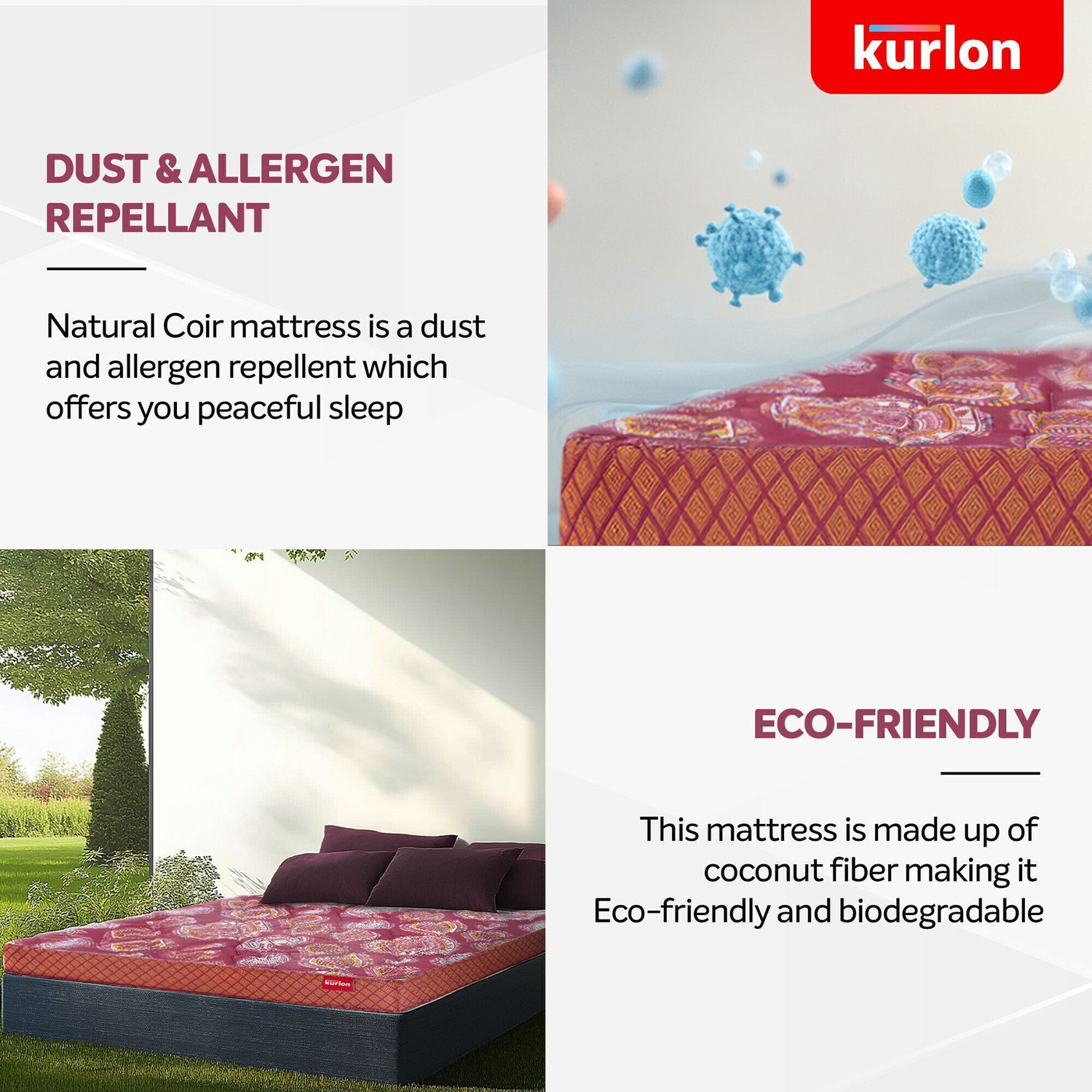 Image of KURLON Natural Rubberized Coir, Medium Firm, Natural Cooling, PU Foam Quilting Top 4 inch Queen Coir Mattress