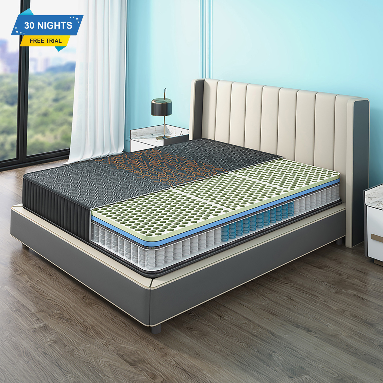 Image of Sleepyhead Technic Hybrid Designed by Duroflex - 3 Zone 6D Hexagon Grid, 3K+ Air Pockets 8 inch Single Pocket Spring Mattress