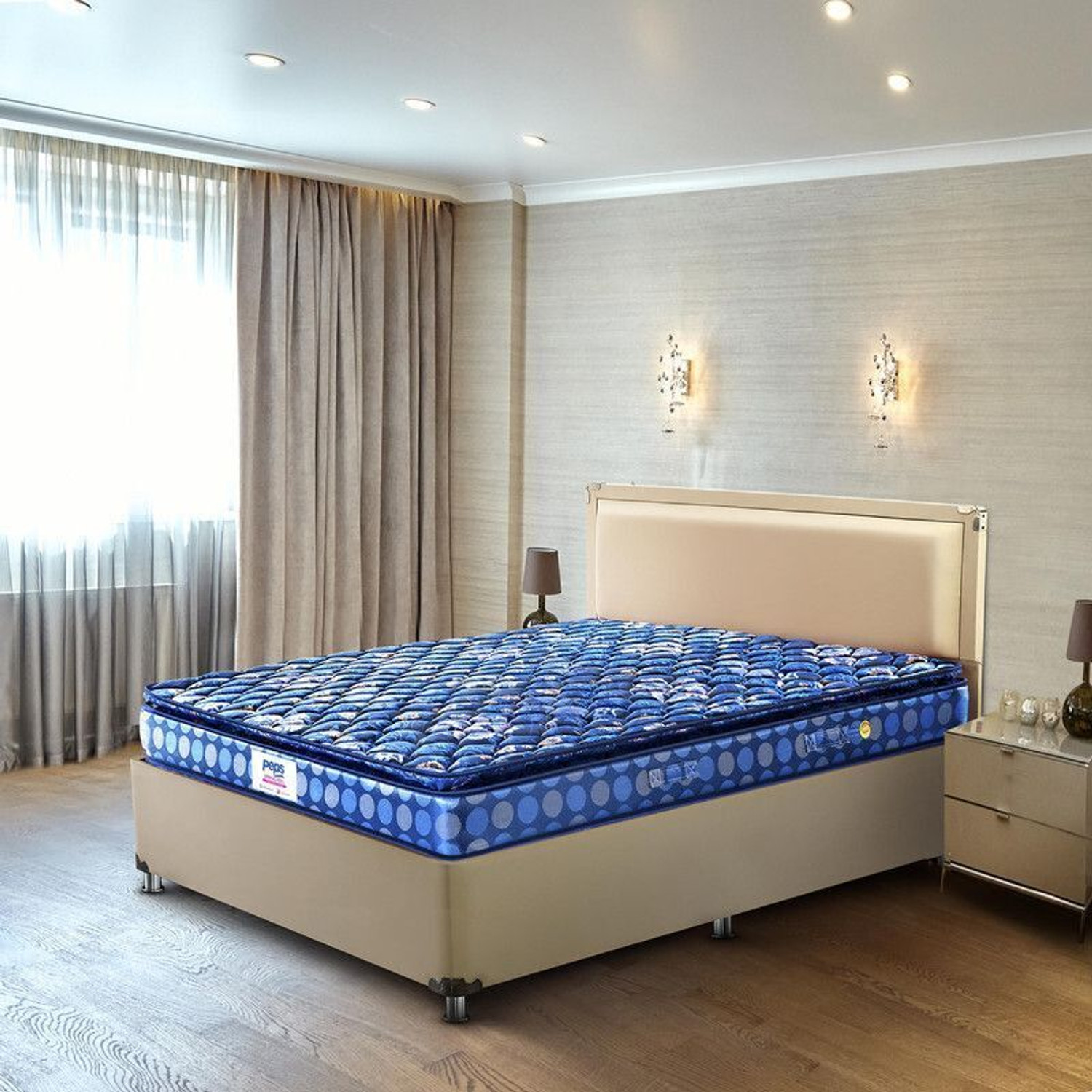 Image of PEPS Springkoil Durable PU Foam Quilt, Medium Firm Back Support, Dark Blue 10 inch Queen Bonnell Spring Mattress