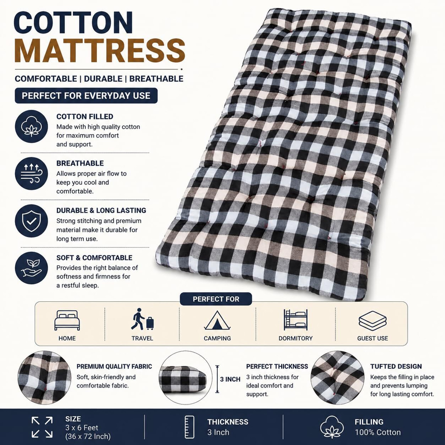Image of comfort sleep Cotton Filled Single Bed Mattress, Soft & Comfortable Foldable Gadda 3 inch Single Cotton Mattress