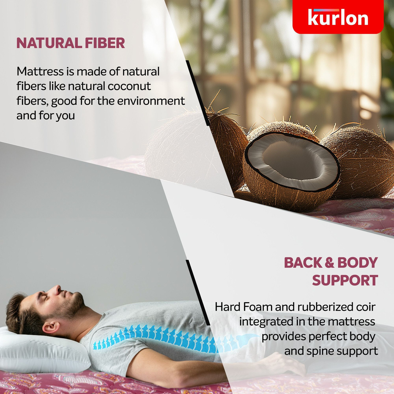 Image of KURLON Natural Rubberized Coir, Medium Firm Support 4 inch Single Coir Mattress