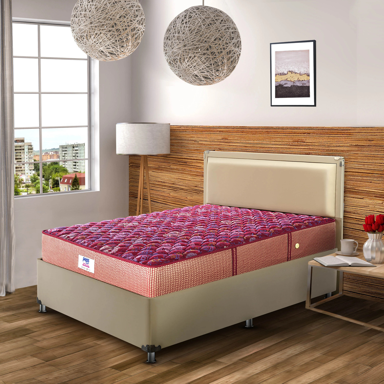 Image of PEPS Springkoil Durable PU Foam Quilt, Medium Firm Back Support, Dark Blue 10 inch Queen Bonnell Spring Mattress (L x W: 84 inch x 60 inch)