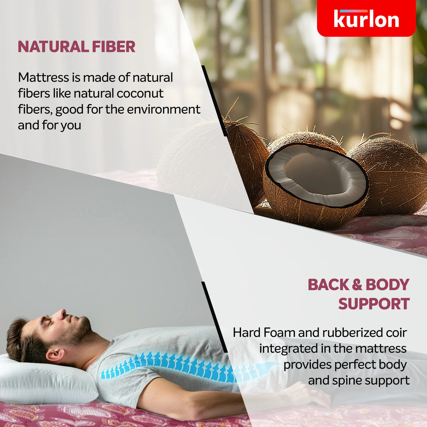 Image of KURLON Natural Rubberized Coir, Medium Firm, Natural Cooling, PU Foam Quilting Top 4 inch Single EPE Foam Mattress