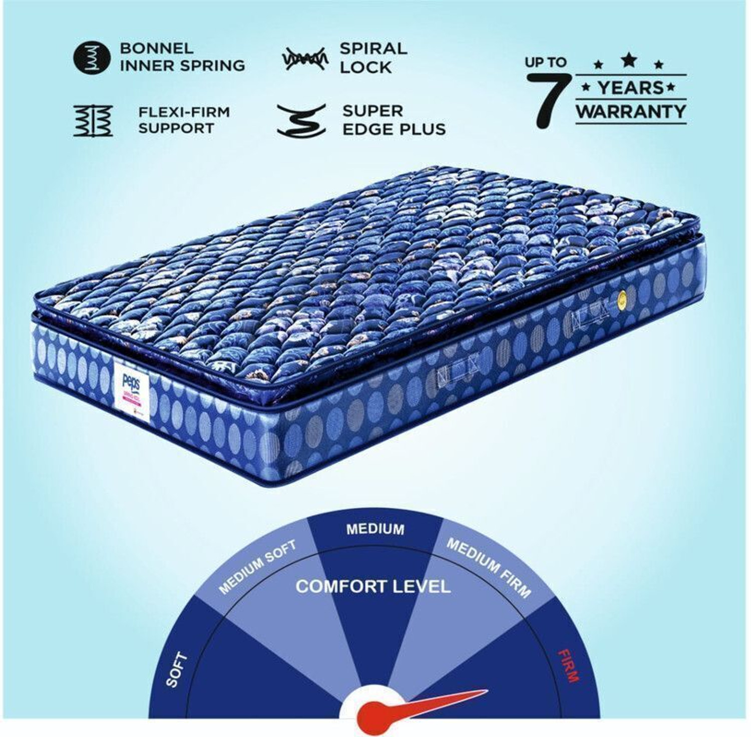 Image of PEPS Springkoil Durable PU Foam Quilt, Medium Firm Back Support, Dark Blue 10 inch Single Bonnell Spring Mattress