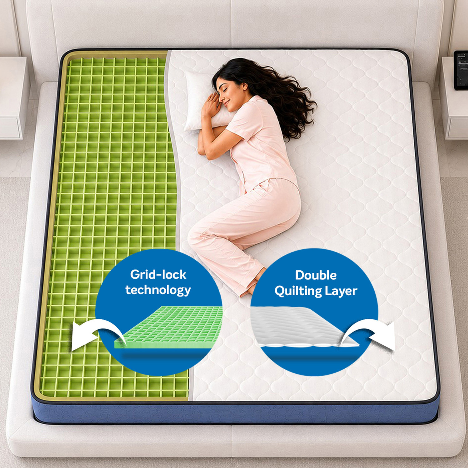 Image of Sleepwell Ortho Genius Grid, Medium Firm, Anti-Mite, Anti-Microbial, 10 Yr Warranty, 8 inch King High Density (HD) Foam Mattress