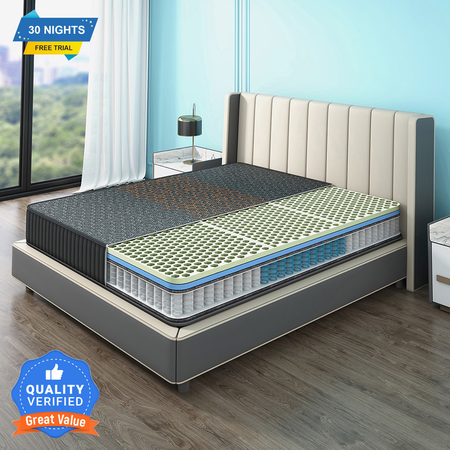 Image of Sleepyhead Technic Hybrid Designed by Duroflex - 3 Zone 6D Hexagon Grid, 3K+ Air Pockets 8 inch Single Pocket Spring Mattress