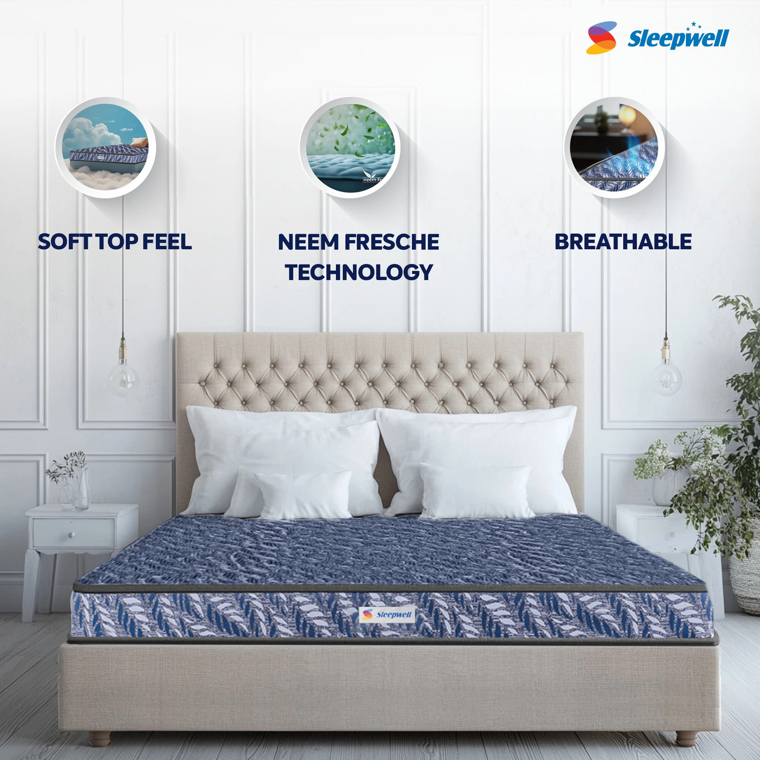 Image of Sleepwell Utsav Comfort, Quiltec Soft Top, Resitec Foam, Neem Anti-Microbial, Breathable 4 inch Queen High Resilience (HR) Foam Mattress