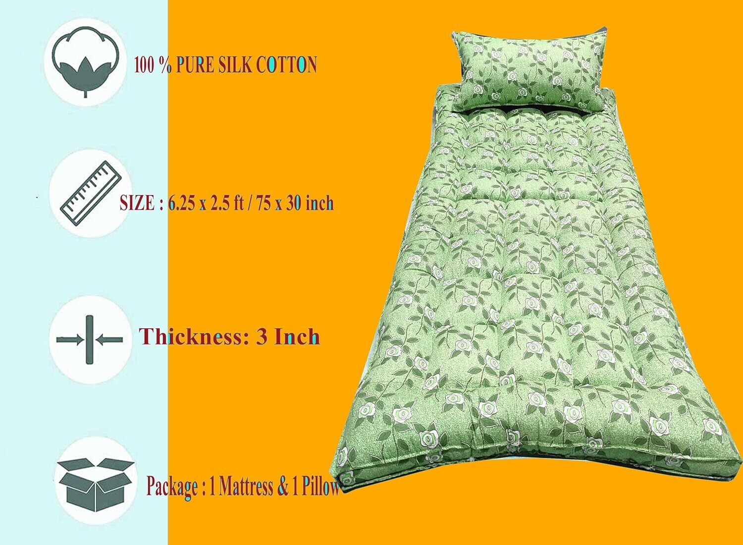 Image of flamo Organic Ilavam Panju Silk Cotton kapok Hostel Bed 6.25 X 2.5 feet x 3 inch 3 inch Single Cotton Mattress