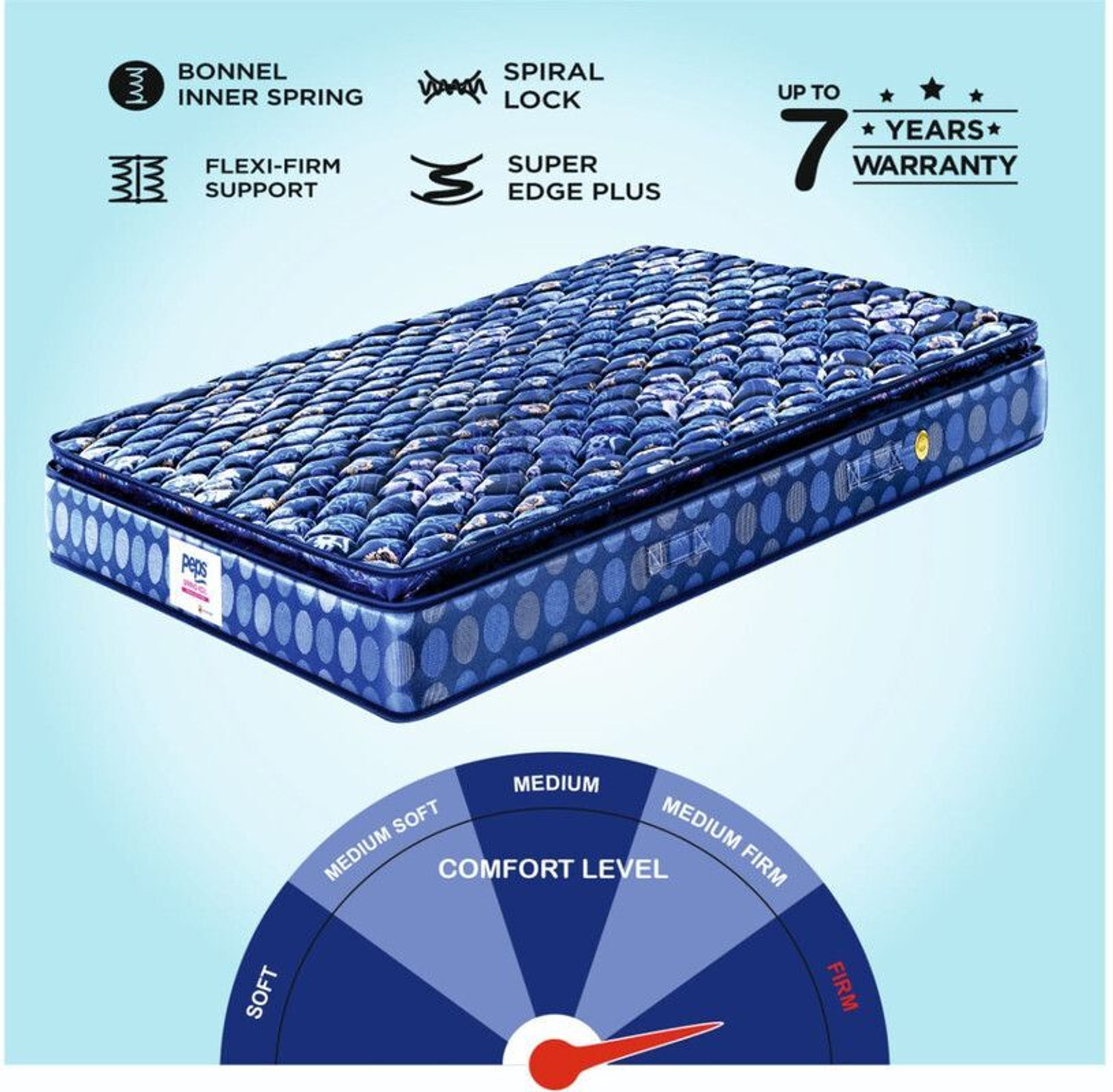 Image of PEPS Springkoil Durable PU Foam Quilt, Medium Firm Back Support, Dark Blue 8 inch Single Bonnell Spring Mattress