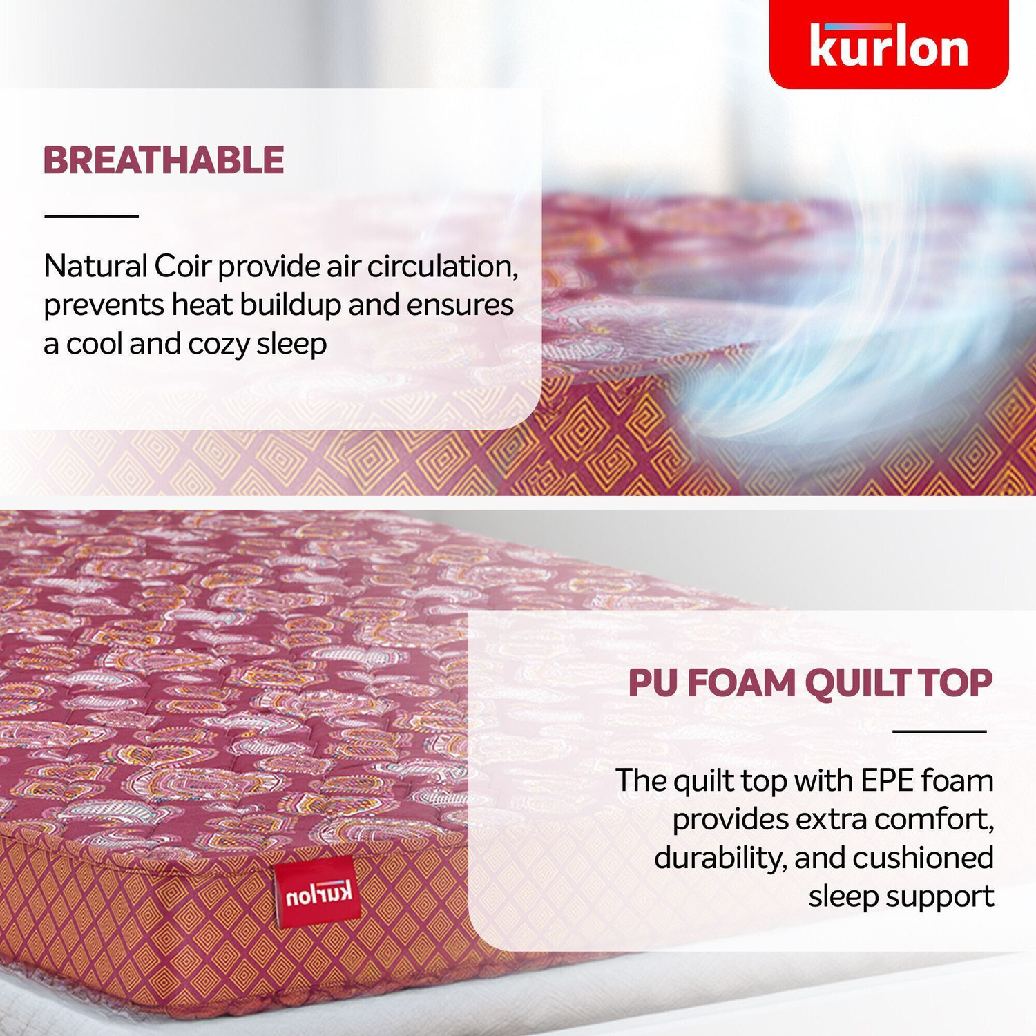 Image of KURLON Natural Rubberized Coir, Medium Firm, Natural Cooling, PU Foam Quilting Top 4 inch Queen Coir Mattress