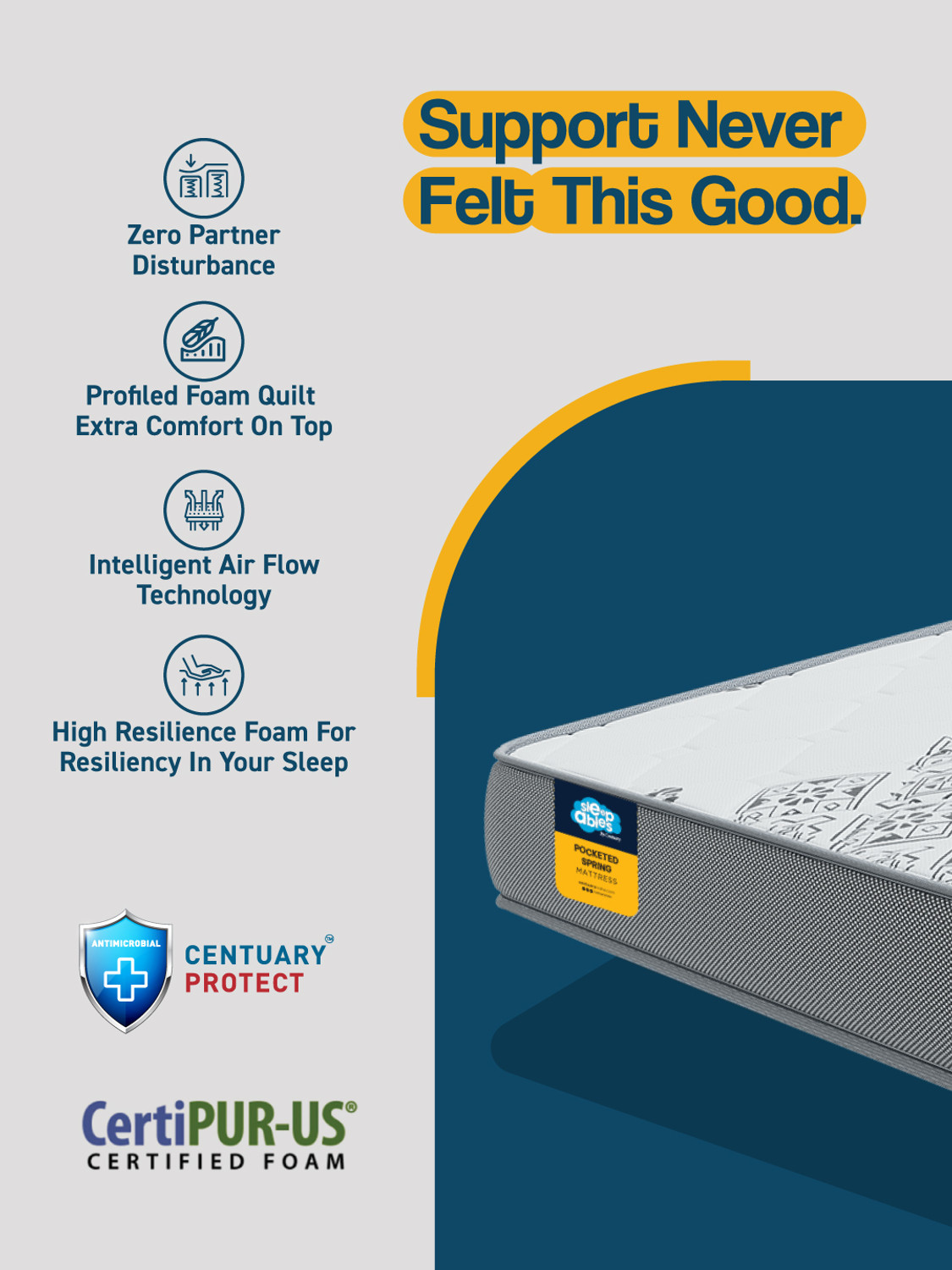 Image of Centuary Mattresses Sleepables Ortho Pocketed Zero Partner Disturbance Plush Quilted 10 inch Queen Pocket Spring Mattress