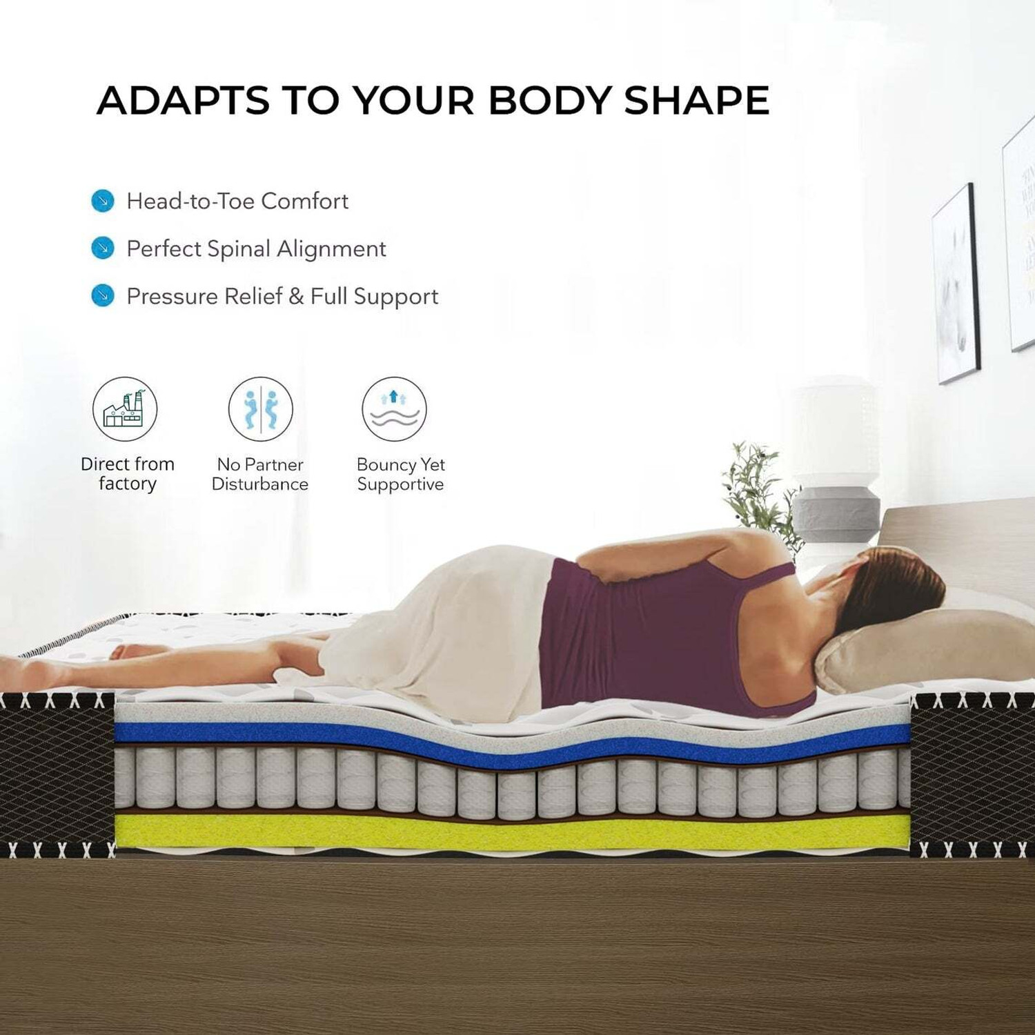 Image of Comforto by Comforto Hybrid | Pocket Spring with Memory Foam 10 Inch 10 inch Queen Pocket Spring Mattress