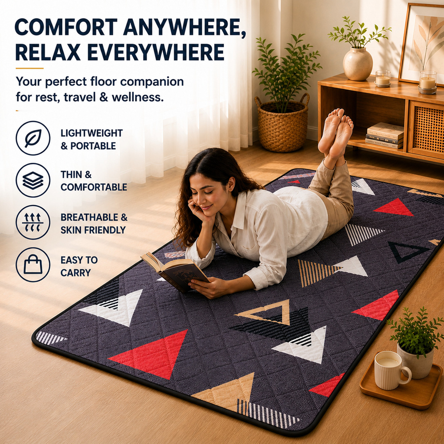 Image of Rhythm Lite 1 Inch Foldable Foam Mattress, Travel Picnic, High Resilience (HR) foam 1 inch Queen High Resilience (HR) Foam Mattress