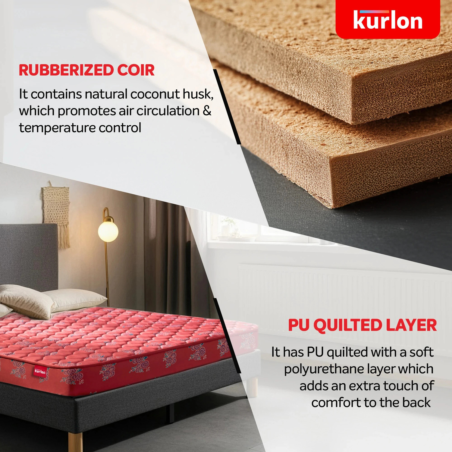 Image of KURLON Rutile, Natural Rubberised Coir Pad, Breathable,Natural Cooling, PU Quilted Top 5 inch Single Coir Mattress